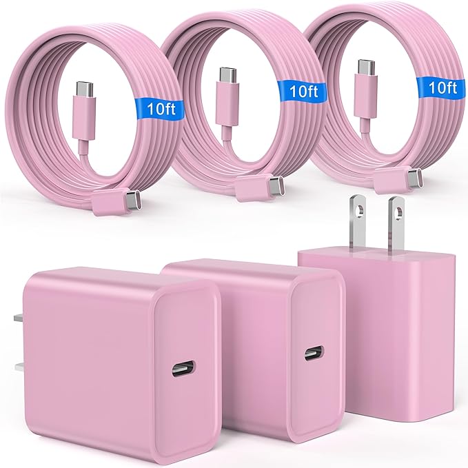 iPhone 17 16 15 Charger Fast Charging, 3 Pack PD 20W USB C Charger with 10FT Cord, USB C Cable Type C Chargers Block for iPhone 17/17 Pro/17 Pro Max/16/16 Plus/16 Pro/16 Pro Max/15/15 Pro（Pink）