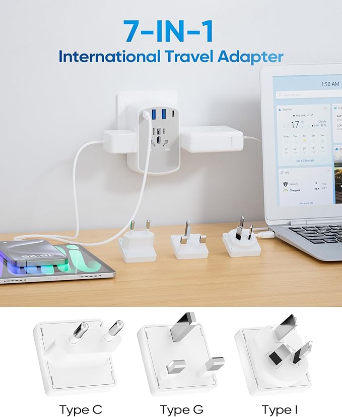 Universal Travel Adapter, Type A/C/G/I Plug Adapter, 5ft Detachable Extension Cord, 3 AC Outlets, 4 USB Ports (2 USB C), UK Europe Australia International Power Adapter