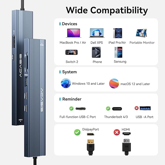 ACASIS USB C Hub with DP Port 10Gbps Multiport Adapter with 4K Display Port 3*USB3.2 Gen2+USB2.0 480M/bps Data Port 100W Power Delivery SD/TF3.0 USB C to Displayport for Video Editors and More