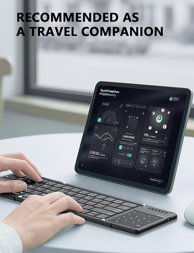 Nillkin Foldable Keyboard with Touchpad, Bluetooth Keyboard with Number Pad, Full Size Keys, Large Trackpad Small Travel Portable Keyboards for iPad Laptop PC Tablets -Black