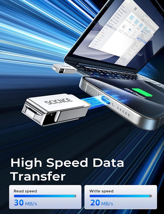 SCICNCE 512GB Flash Drive Intended for iPhone, USB Memory Stick Storage Backup for Photos Videos, Plug and Play No APP Required, Compatible with iPhone iPad Android and Computers (Metal Silver)