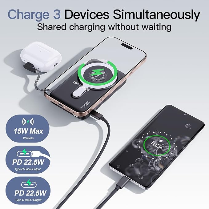 2025 Updated M3 Ultra Slim 0.4'' Wireless Power Bank, 12800mAh Magnetic Portable Charger with Built in Cable and Strap, LED Battery Pack Travel Essentials for iPhone 16/15/14/13/12/Pro/Pro Max Andriod