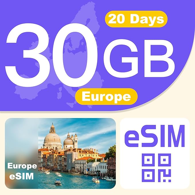 Europe eSIM Card 30GB 20 Days - 4G LTE High-Speed Network, Prepaid eSIM for 32 Countries (Including Switzerland), Hotspot Support, No Contract & No Physical SIM Card Needed (Local Carriers eSIM)