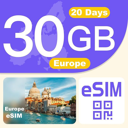 Europe eSIM Card 30GB 20 Days - 4G LTE High-Speed Network, Prepaid eSIM for 32 Countries (Including Switzerland), Hotspot Support, No Contract & No Physical SIM Card Needed (Local Carriers eSIM)
