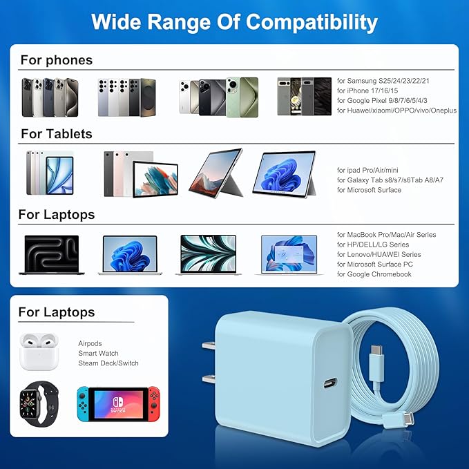 iPhone 17 16 15 Charger Fast Charging, 3 Pack PD 20W USB C Charger with 10FT Cord, USB C Cable Type C Chargers Block for iPhone 17/17 Pro/17 Pro Max/16/16 Plus/16 Pro/16 Pro Max/15/15 Pro（Blue）