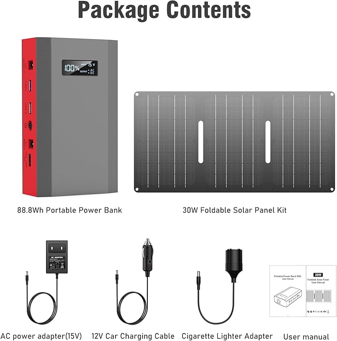ZeroKor Portable Power Bank with AC Outlet 65W 110V External Battery Pack, 24000mAh Portable Laptop Charger with Foldable Solar Panel Charger 30W for Outdoor Smart Device Camping RV Trip Off Grid-Red