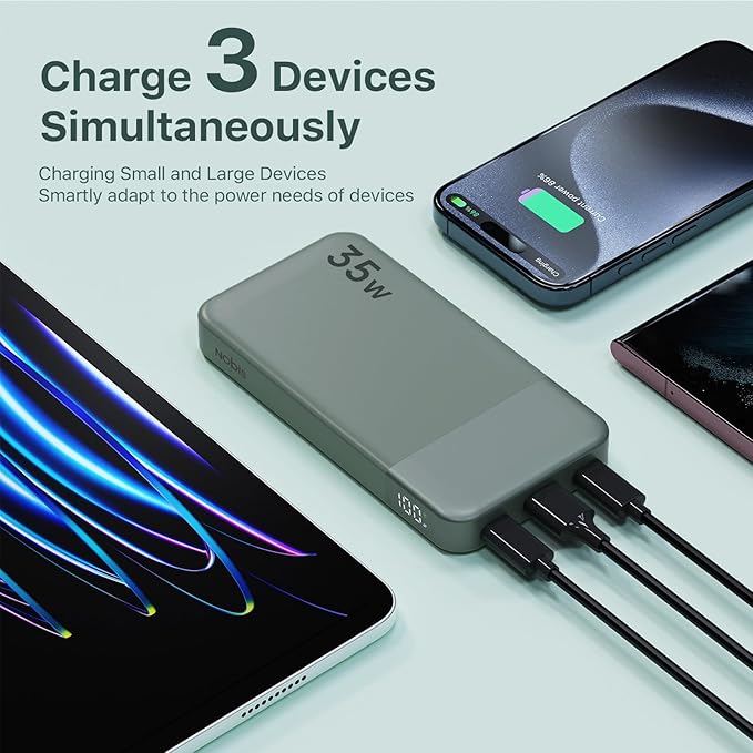 NOBIS Portable Charger, 10000mAh Power Bank Fast Charging, Battery Pack with C to C Cable, Battery Bank with Digital Display for iPhone iPad Android etc (Green, 35W)
