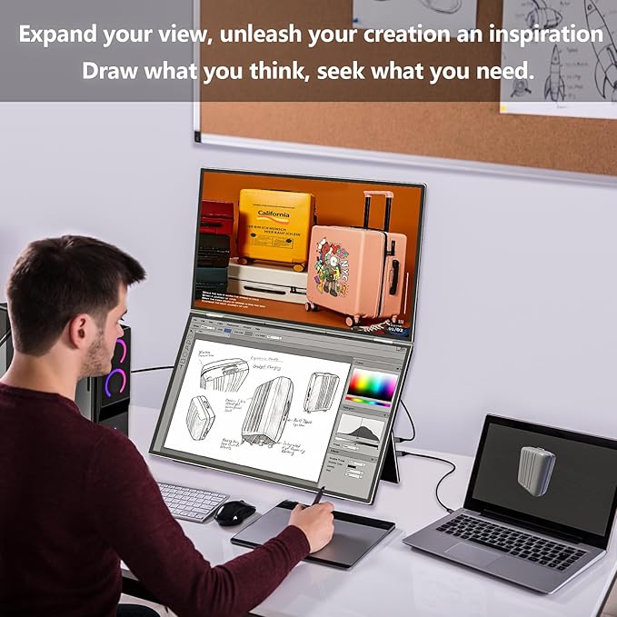 21.5" 120Hz Dual Portable Monitor 120% sRGB 1080P HDR Extender Folding Stacked Display for Windows Mac Work Gaming Office Triple Screens W/Stand & VESA for Laptop PC（No Driver (D215-1080P01)