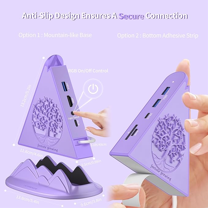 8-in-1 USB C Hub, Purple RGB Docking Station with 4K HDMI, 100W PD, 5Gbps USB 3.0, SD/TF Card Reader, Type C Adapter for MacBook Air, Dell XPS, Surface, etc.