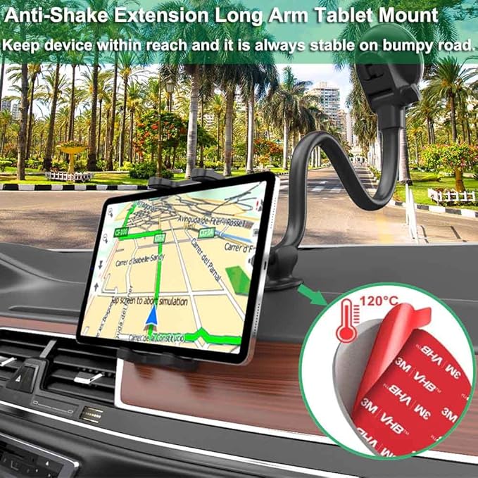 Car Truck Windshield Tablet Mount for 4-13" iPad Phone, Gooseneck 16" Long Arm Car Dashboard Holder with Lock Suction Cup & Anti Shake for iPad Pro 12.9 Air Mini, Galaxy Z Fold 4 3, Fire HD