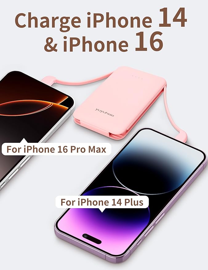 Power Bank, Slimmest 5000mAh Portable Charger with Built in USB-C Cables, USB C in&Out Charging Battery Pack, External Phone Powerbank Compatible with iPhone, Android, Pink