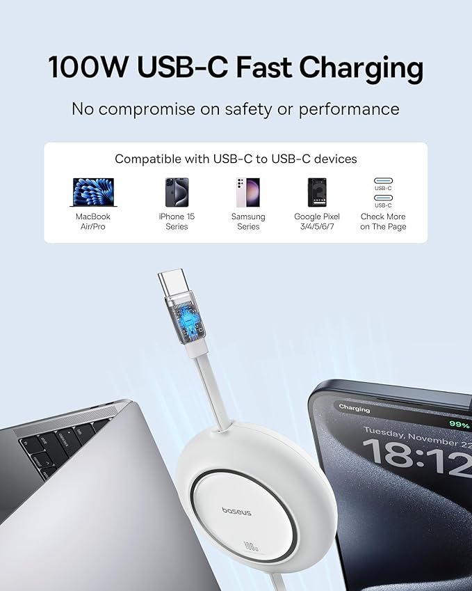 Baseus USB C to USB C Cable, 100W 6.6ft Retractable USB C Fast Charging Cable, 7-Stage Length Preset Retractable Charger Cord for iPhone 16 15 Pro Plus Pro Max, MacBook, iPad Pro, Samsung S24/S23+