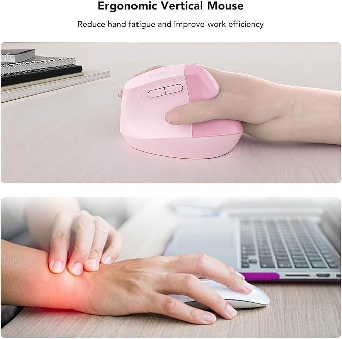 KYSONA EM18 Wireless Ergonomic Vertical Mouse, Ergo Design, Bluetooth Cordless Mouse, Silent Click, 5-Level Adjustable DPI, Carpal Tunnel Mice for Computer, PC, Mac, Laptop, Pink