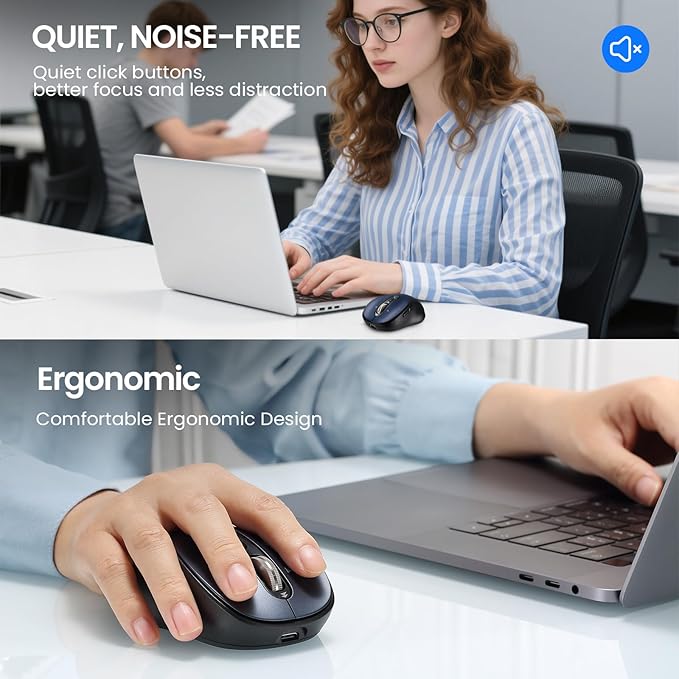 Wireless Bluetooth Mouse for Laptop,USB+BT×2,Quiet Ergo Computer Mouses,Metal 4-Way Super Scrolling,± 3200 DPI,Rechargeable,10 Buttons,Plug&Play,Multi Device Cordless Mice for iPad,Tablet,Mac,PC,Phone