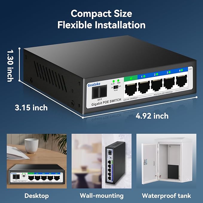 5 Port Gigabit PoE Switch and 1 Gigabit SFP Slot, Unmanaged PoE Switch with 4 Gigabit Port PoE+@52W, Fanless&Metal Design, Plug & Play, VLAN Mode, Overload Protection