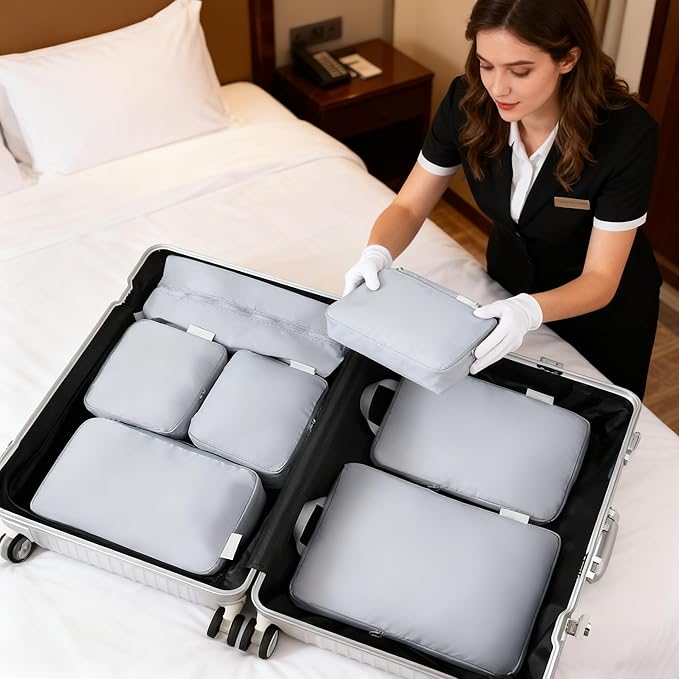 6-piece travel compression packaging cube - foldable travel bag expandable, luggage storage bag. (haze blue)