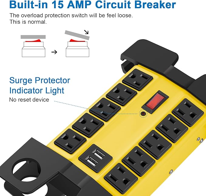 CCCEI Heavy Duty Power Strip with USB Ports, Garage 10 Outlets Surge Protector 2700 Joules, Industrial Workshop Metal 15Amp Multiple Outlets, 10 FT Extension Cord and Wide Spaced Yellow.