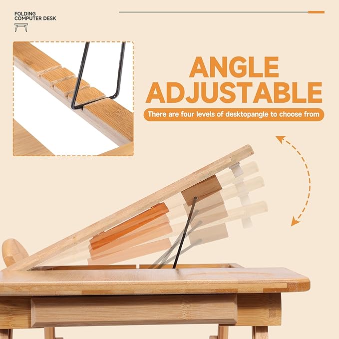 Adjustable Bamboo Laptop Desk with Cooling Fan, Foldable Bed Tray for Breakfast, Writing, and Drawing, with Tilting Top and Drawer, Portable Lap Desk for Bed, Sofa, and Floor.