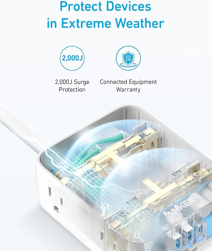 Anker Surge Protector Flat Plug Power Strip 2000J, 5ft Thin Extension Cord, 8 Outlets,2 USB A and 1 USB C Port,20W for iPhone15,Wall Mount,Compact for Home,Office,Room,TUV Listed