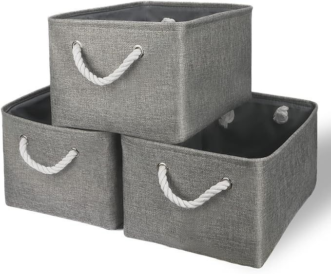 TheWarmHome Storage Bins - Medium 3 Pack Storage Baskets for Organizing Shelves | Fabric Storage Cubes Organizer for Linen Closet Nursery Home Decor Grey