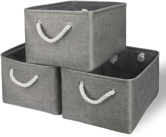 TheWarmHome Storage Bins - Medium 3 Pack Storage Baskets for Organizing Shelves | Fabric Storage Cubes Organizer for Linen Closet Nursery Home Decor Grey