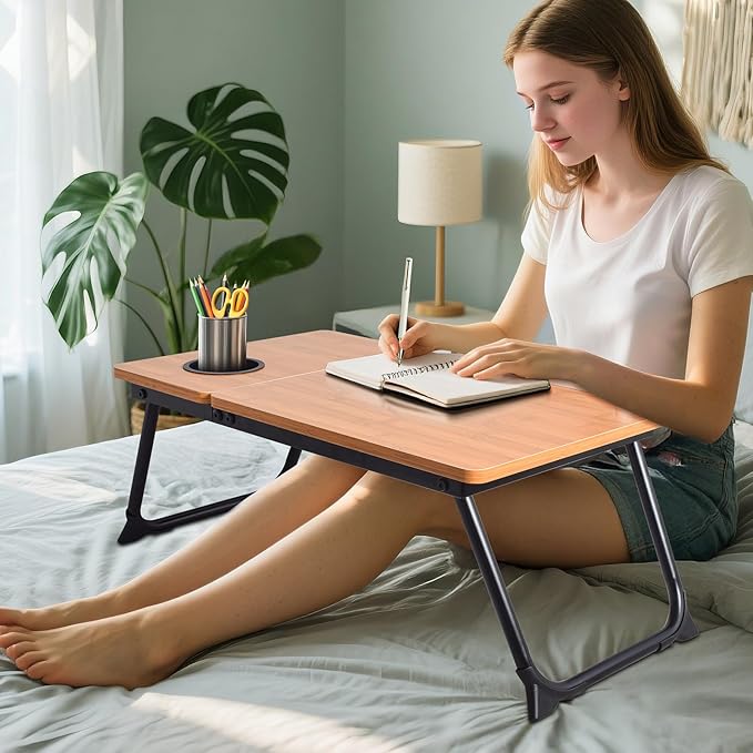 Adjustable Laptop Bed Table with Book Stand, Portable Reading Desk with Side Panel, Wood Grain