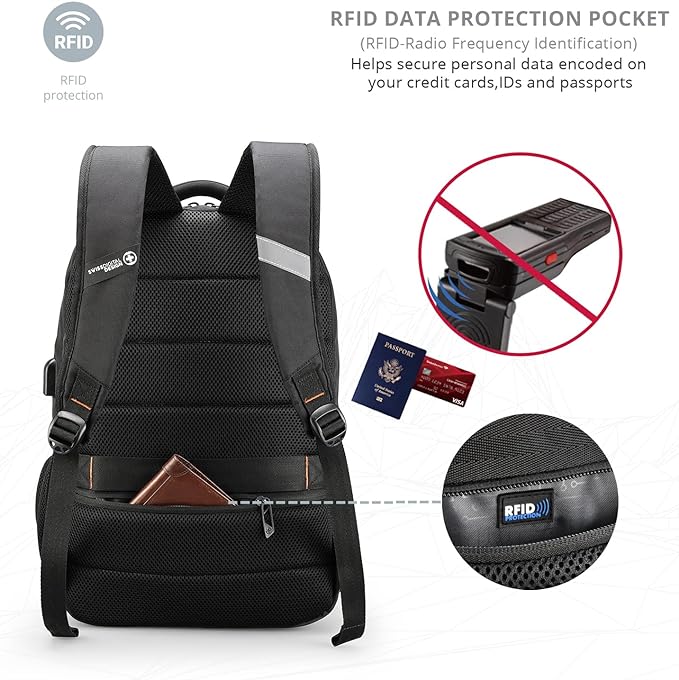 Swissdigital Design Travel Laptop Backpack, College Laptops Backpack with USB Charging Port for Men and Women Fits 16 Inch Notebook, Black | ANDWIL