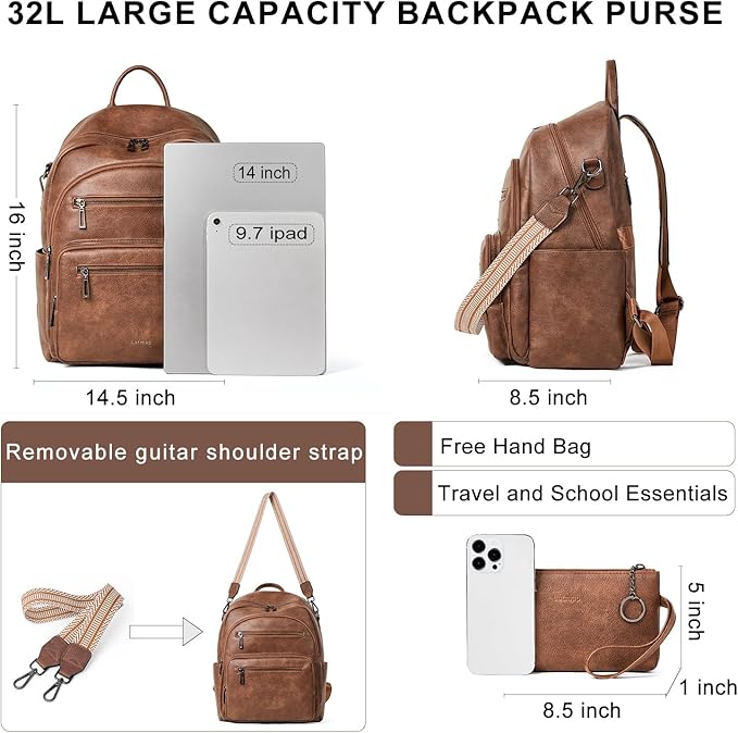 Backpack Purse for Women Laptop Backpack, Leather Travel Backpack Shoulder Bag Teacher College Daypack Work Handbag fits 14" Laptop-Brown