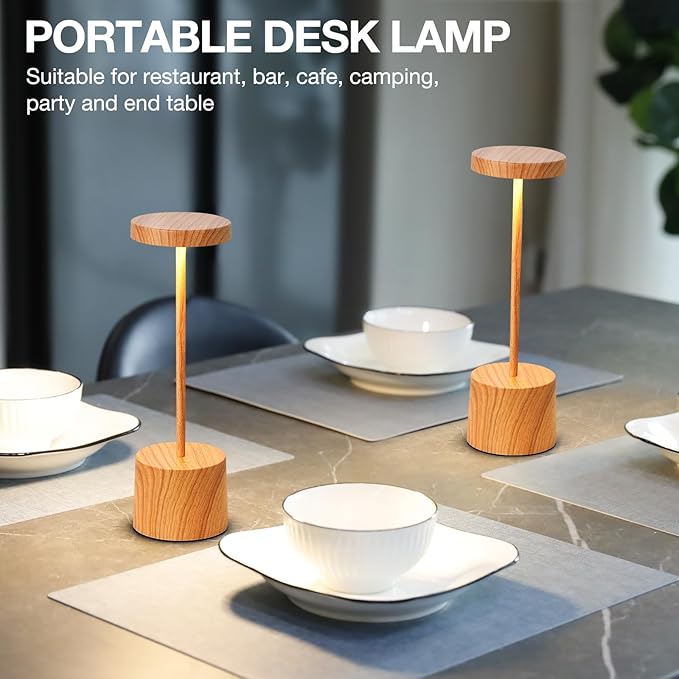 Kakanuo Wooden Rechargeable Cordless Lamp - Touch Control, 3 Color Temperature, LED Outdoor Wireless Lamp, Battery Operated Lamps, Stepless Dimmable, Set of 2