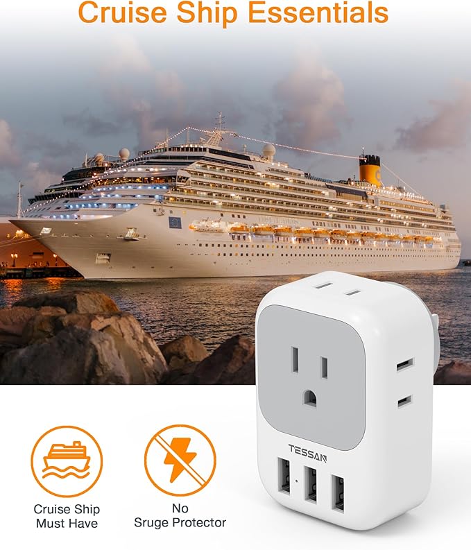 TESSAN USB Charger Block, Wall Plug Adapter with Electrical 4 Box Splitter 3 USB Wall Charger Ports, Multi Plug Outlet Extender Charging for Cruise, Travel, Office, Dorm Essentials