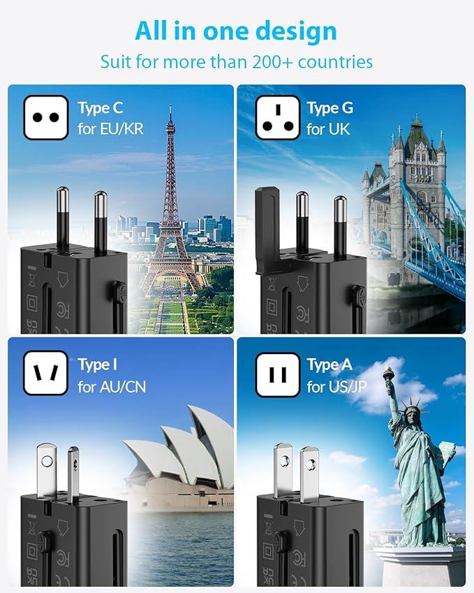 SooPii 25W Universal Travel Power Adapter, International Power Adapter, USB-C PD & USB-A QC Universal Travel Plug, Mini Travel Adapter for UK US EU AU with 100W Smart LED Indicator C-to-C Cable