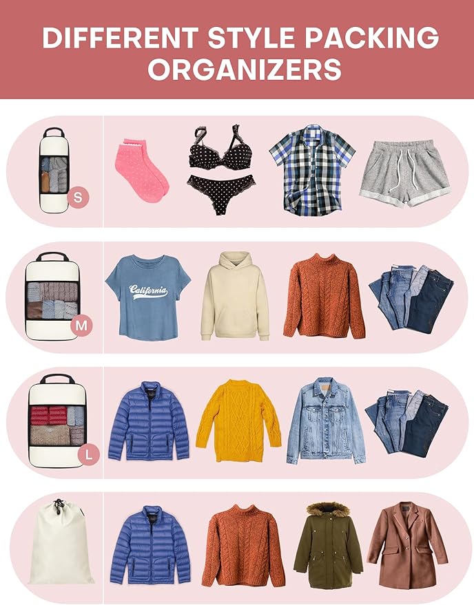 6 PCS Set Compression Packing Cubes for Travel, Lightweight Packing Organizer Bags Travel Essentials for Carry On, Suitcase, Home Closet - Beige