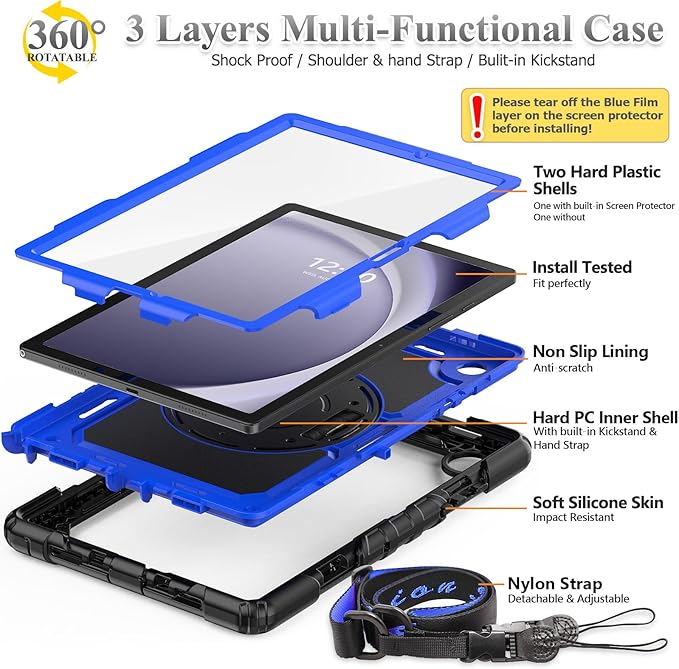 SEYMAC stock Case for Samsung Galaxy Tab A9 8.7'', Full-Body Drop Protection Case with Screen Protector Pencil Holder [360° Rotating Hand Strap] &Stand, Blue+Black