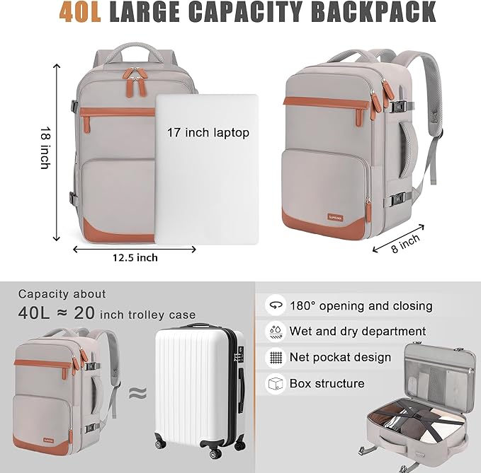 40L Travel Backpack with USB Charging Port, Water-Resistant Carry On Backpack for Men Women, Business Laptop Backpack for Trips & Commutes, Fits 15.6/17.3 Inch Laptop