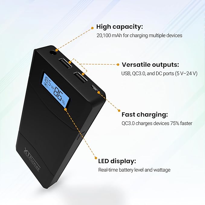 20000QC3-AO-PA Power Bank – Modern 20100mAh DC/USB Portable Charger with Quick Charge 3.0, 5V USB incl.12-24V DC Output for Laptops, Tablets, Samsung, iPhone – Fast Charging, Airline Approved