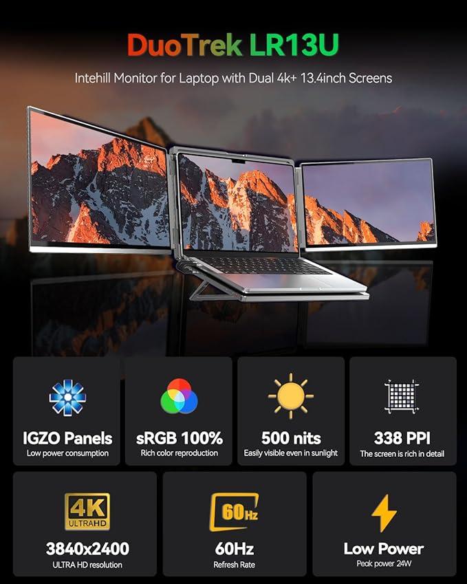 Intehill 4K Laptop Screen Extender, 13.4" Dual Screen Monitor for Laptop, 3840x2400 Anti-Glare Portable IGZO Display, 100% sRGB 500 Nits Brightness Foldable Plug-Play Portable Travel Monitor, LR13U
