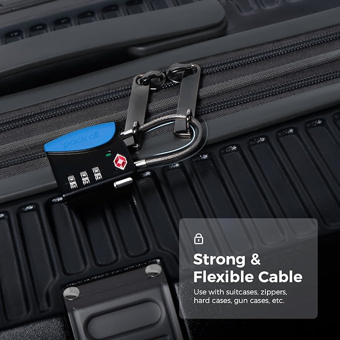 pack all TSA Approved Cable Luggage Locks, 3 Digit Combination Padlocks, Travel Lock for Suitcases & Bag, Alloy Body, Travel Accessories (1 Pack)（Navy）