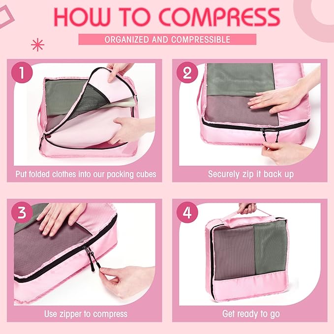 5 Pcs Packing Cubes for Suitcase Large Travel Cubes Carry on Luggage Organizer Bags for Clothes Accessories(Mixed,Pink)