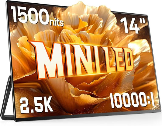 UPERFECT Mini LED Portable Monitor 14" 2.5K | 1500 Nits | 2560x1600 | 10000:1 Contrast | 1ms Freesync Portable Monitor for Laptop w/Stand & VESA, Slim Travel Screen for PC Phone Game Consoles