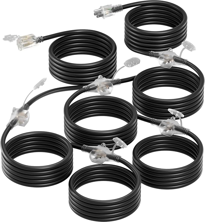 addlon 50FT Black Outdoor Extension Cord with Mutil Outlets Evenly Spaced 6 Outlets 16/3 SJTW Weatherproof Power Cable for Indoor Outdoor Christmas Halloween with Indicator Lights ETL Listed