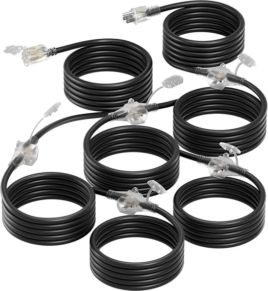 addlon 50FT Black Outdoor Extension Cord with Mutil Outlets Evenly Spaced 6 Outlets 16/3 SJTW Weatherproof Power Cable for Indoor Outdoor Christmas Halloween with Indicator Lights ETL Listed