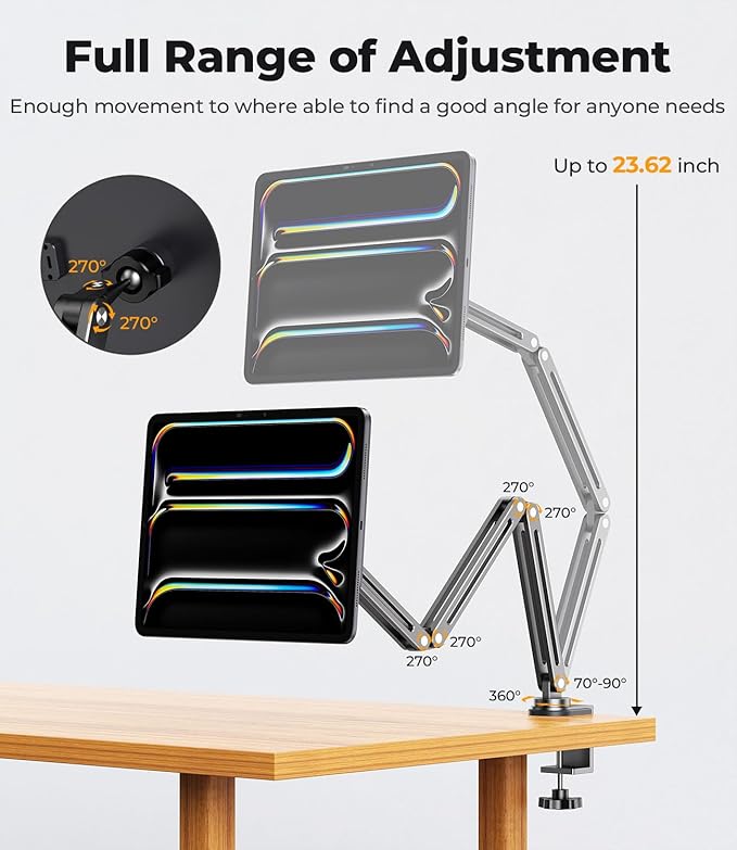 Magnetic Wireless Charging Stand for iPad Pro 11" M4 (2024), Foldable Adjustable Arm Mount with 2M Cable, Aluminum Alloy Tablet Holder for Desk
