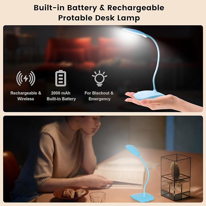 Battery Powered Desk Lamp, Portable Lamps Rechargeable 3 Color Modes Touch Control Stepless Dimming, Wireless Desk Lamp with 2000mAh, Small LED Table Light for Dorm Study Office Bedroom,Blue