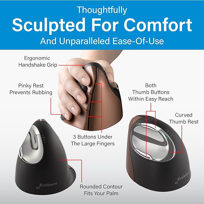 Evoluent – Inventor of The Vertical Mouse – VM4SW Ergonomic Vertical Mouse Right Hand Small Wireless USB, Sculpted for Comfort, Reduces Wrist Strain, 4 Speeds, 6 Customizable Buttons in Windows