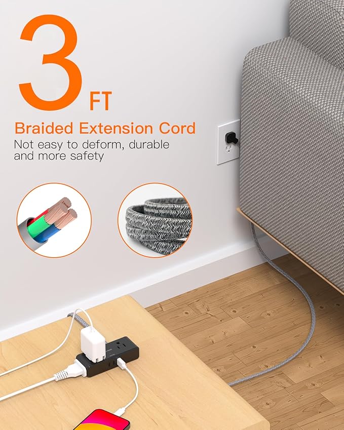 Black Flat Extension Cord 3 feet, Flat Plug Power Strip, 4 Widely Outlets with 3 USB Ports (2 USB C), 3 Side Outlet Extender with Extension Cord with Multiple Outlets for Home, Dorm Room Essentials