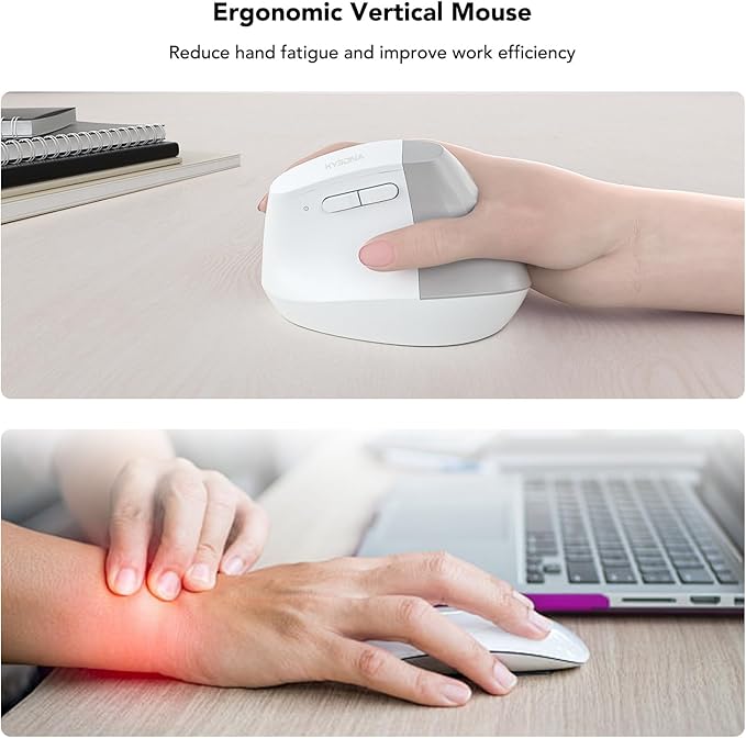 EM18 Wireless Ergonomic Vertical Mouse, Ergo Design, Bluetooth Cordless Mouse, Silent Click, 5-Level Adjustable DPI, Carpal Tunnel Mice for Computer, PC, Mac, Laptop, White