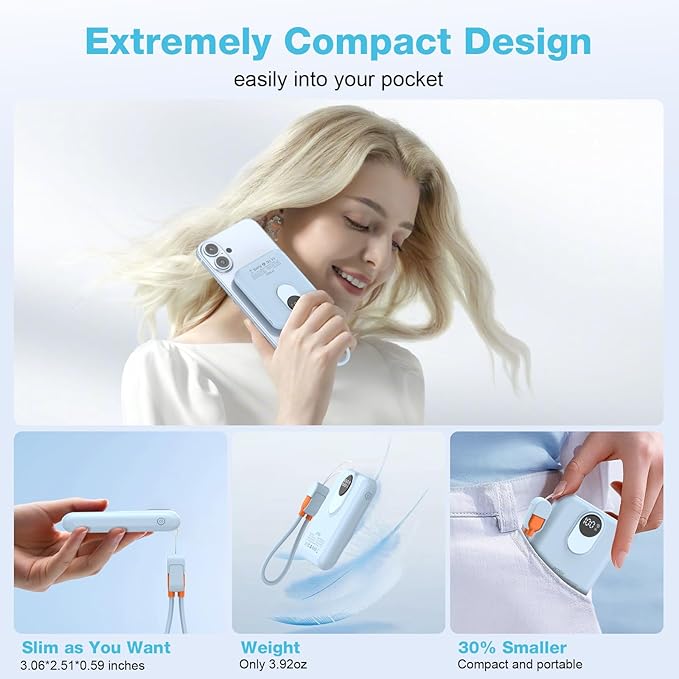 Small Magnetic Power Bank,5000mAh Mag-Safe Battery Pack with 20W Fast Charging Detachable USB C&iOS Cable,with LED Display,Slim Wireless Portable Charger for iPhone16/15/14/13/12 Series (Blue)