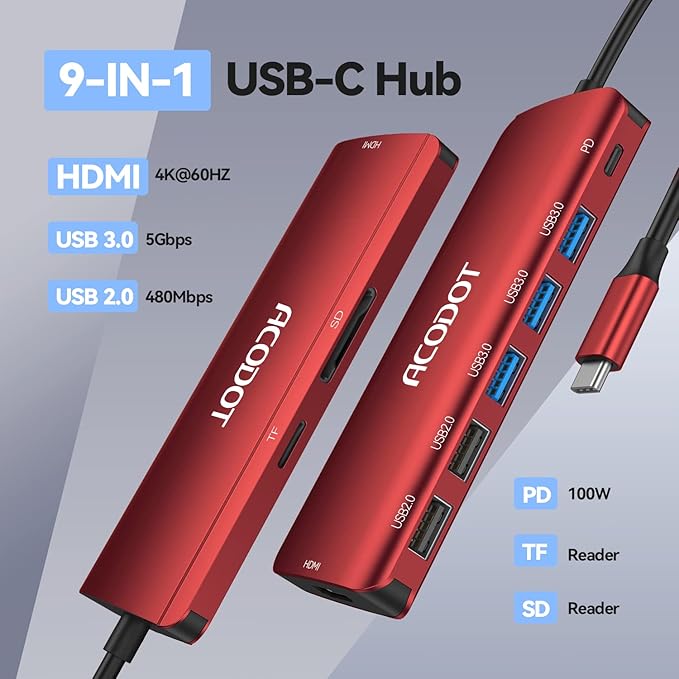 Acodot 9-in-1 USB C Hub Multiport Adapter - 4K@60HZ HDMI, 3 USB 3.0 Ports, SD/TF Card Reader, 100W PD for MacBook Pro Air HP XPS - Red