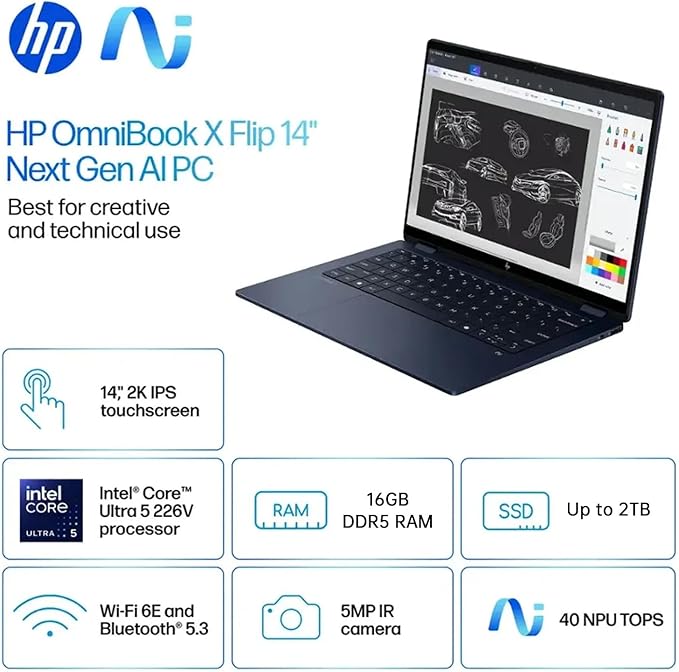 HP Omnibook X Flip 2 in 1 14’’ 2K Touchscreen Laptop, Convertible Laptop 16GB DDR5 RAM 2TB SSD, Intel Core Ultra 5 226V, Intel Arc GPU, Thunderbolt 4, Windows 11, 1 Year Office 365 with Microsoft Pen
