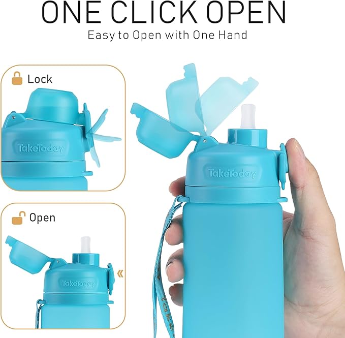 TakeToday Collapsible Water Bottles 20oz, Leak Proof, BPA-Free, Foldable Silicone Travel Water Bottle with Straw Strap for Cycling, Hiking, Outdoors